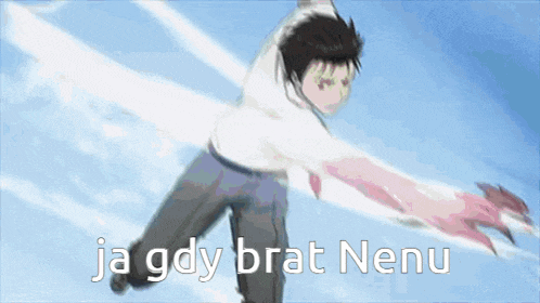 a man in a white shirt is flying through the air with the words ja gdy brat nenu above him