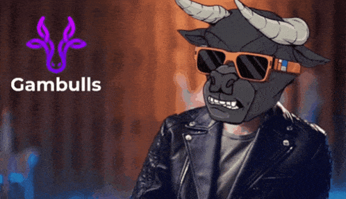 a cartoon of a bull wearing sunglasses and a leather jacket with gambulls written on the bottom