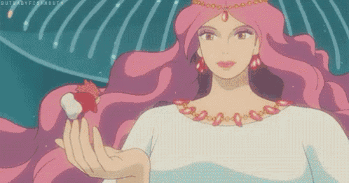 a cartoon woman with long pink hair is holding a fish in her hand .