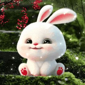 a white bunny rabbit with red paws is sitting on a rock in the grass .