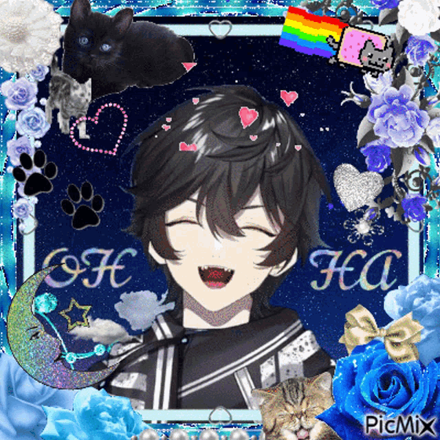 a picture of a boy surrounded by flowers and a black cat with the name h.e.a.