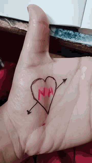 a person 's hand has a heart drawn on it and the letter na written in red