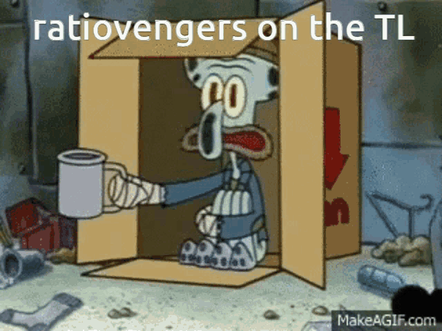 squidward from spongebob is holding a cup of coffee in a cardboard box