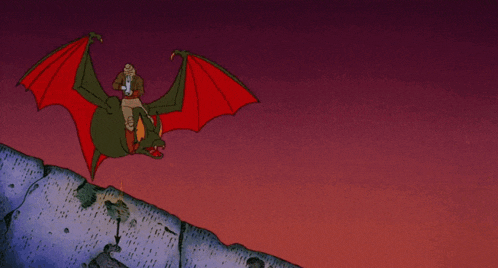 a cartoon of a man riding on the back of a bat with a gun