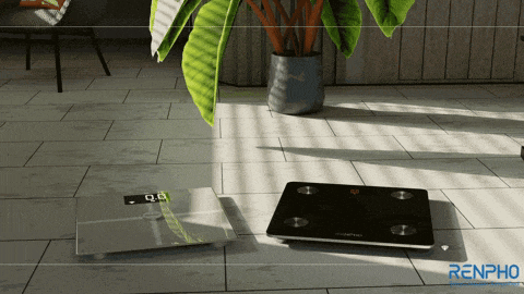 two scales on a tiled floor with renpho written on the bottom