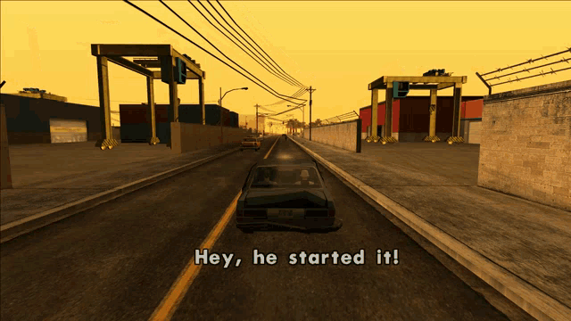 a car is driving down a road with the words hey he started it