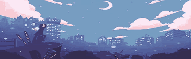 a pixel art drawing of a city at night with a crescent moon