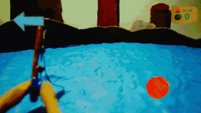 a painting of a person fishing with an arrow pointing to the left that says 30/50