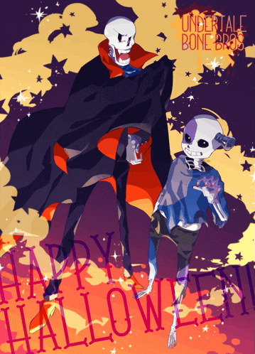 two skeletons standing next to each other with the words " happy halloween " on the bottom right