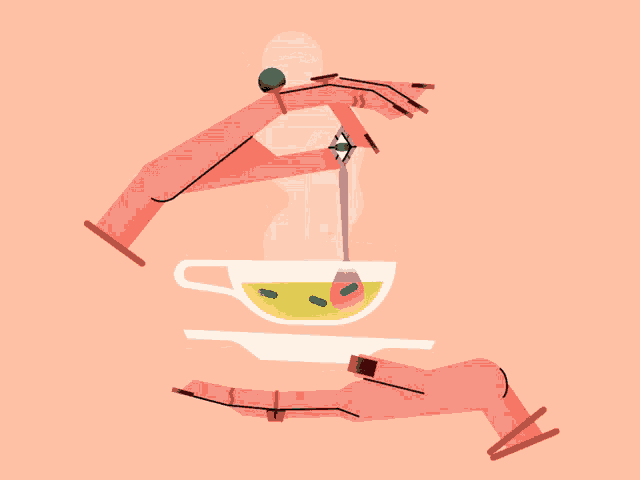 an illustration of two hands holding a cup of tea with a spoon in it