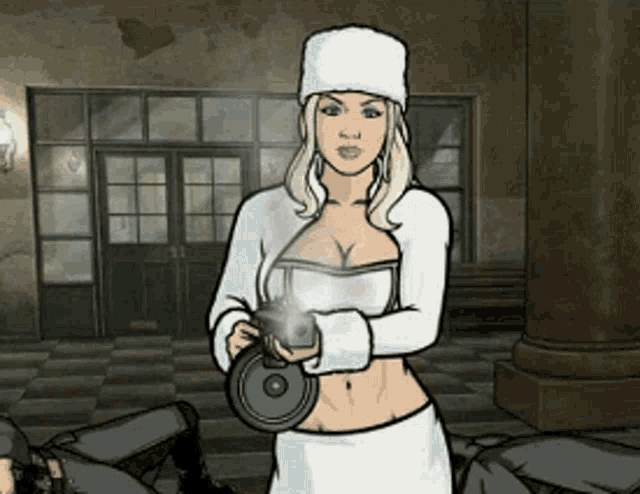 a woman in a white hat is holding a gun in her hands