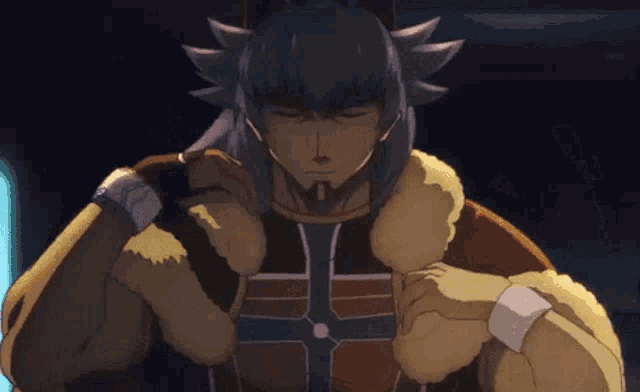 a cartoon character with blue hair and a furry coat