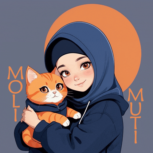 a girl in a hijab is holding a cat and the word moli is on the bottom