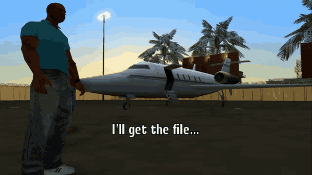 a man standing in front of a plane with the words " i 'll get the file " below him