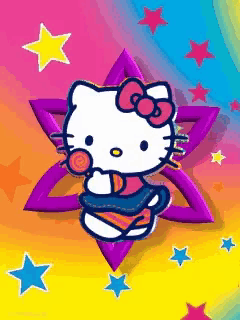 a hello kitty cartoon with a purple star in the background