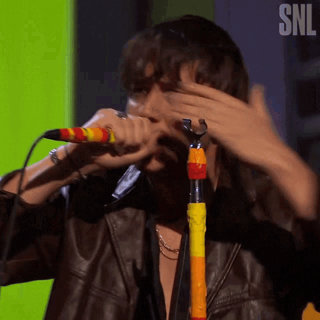 a man singing into a microphone with the word snl on the bottom