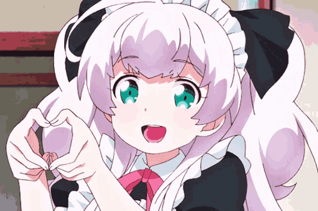 a girl in a maid outfit makes a heart shape with her hands