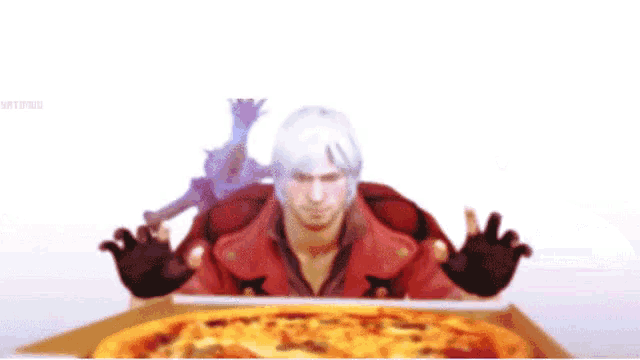 a devil may cry character is holding a pizza