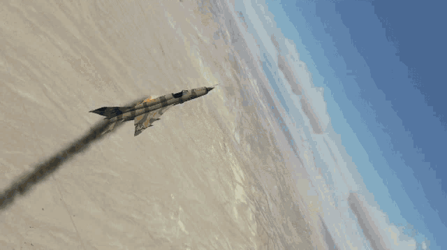 a computer generated image of a plane flying over a desert