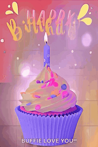 a purple birthday cupcake with a blue candle and sprinkles on top .