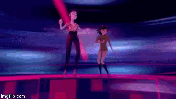 a couple of people are dancing on a stage in a cartoon .