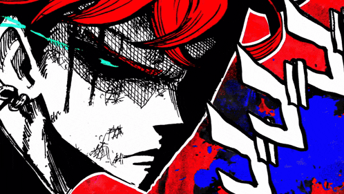 a black and white drawing of a woman with red hair and a blue eye