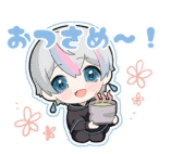 a sticker of a boy holding a cup of tea with flowers around him .