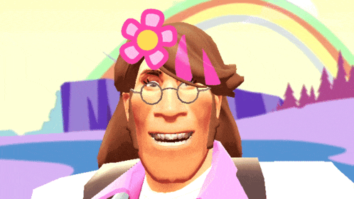 a man wearing glasses and a pink flower on his head