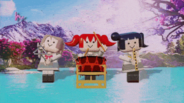 three cartoon characters are playing instruments in front of a lake and mountains