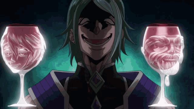 a man with green hair is smiling and holding two wine glasses with faces carved into them