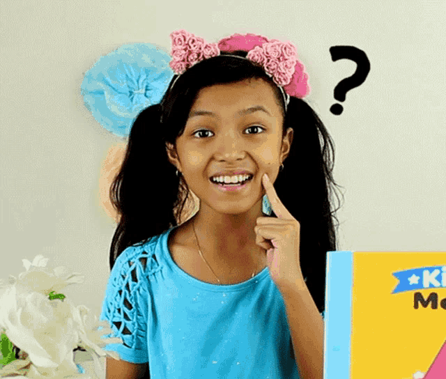 a girl wearing a headband with flowers and a question mark above her head
