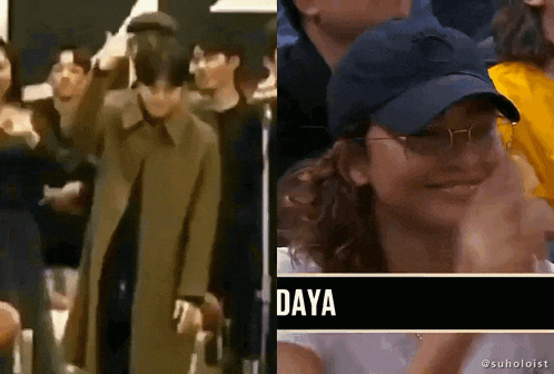 a man in a trench coat is standing next to a woman wearing glasses and a hat ..