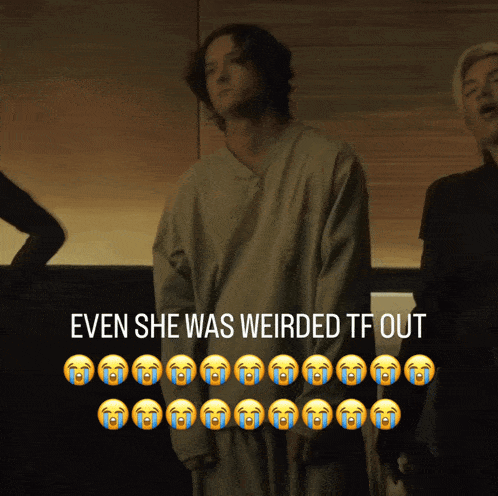 a picture of a man with the caption " even she was weirded tf out " on it