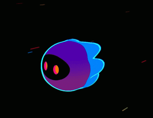 a colorful cartoon character with a black face and red eyes
