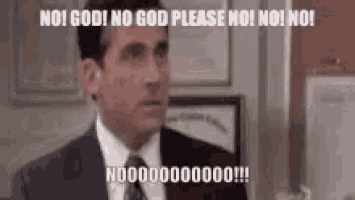 a man in a suit and tie is saying no god no god please no no no no .