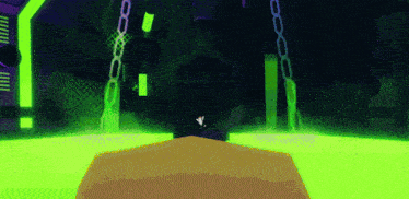 a cartoon character is standing in a dark room with neon green lights and chains