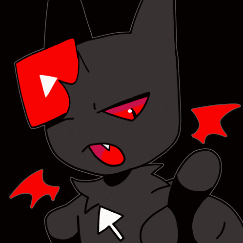 a cartoon drawing of a black cat with red wings and a red youtube logo on its head