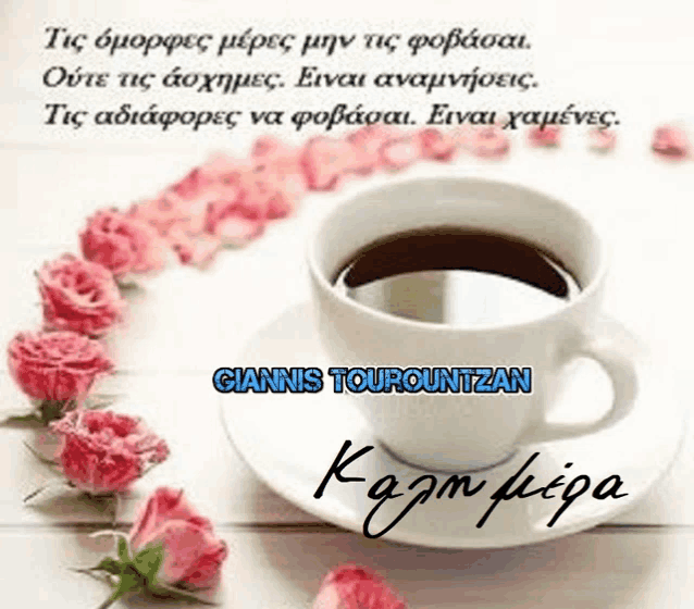 a cup of coffee on a saucer with pink roses in the background .