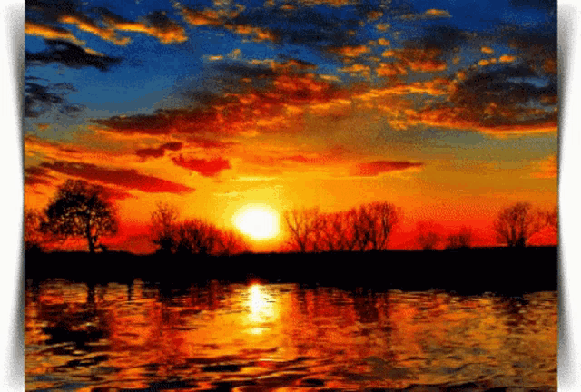 a painting of a sunset over a lake with trees in the foreground