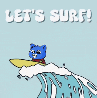 a blue cat riding a wave with the words let 's surf below it