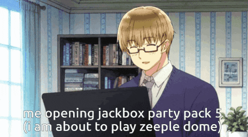 a man in a suit and tie is sitting in front of a laptop with the words me opening jackbox party pack