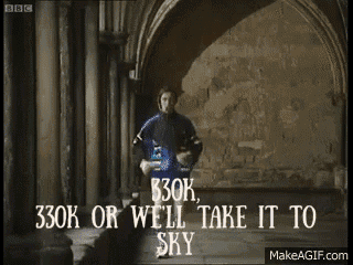 a man running in a hallway with the words 330k or we 'll take it to sky below him