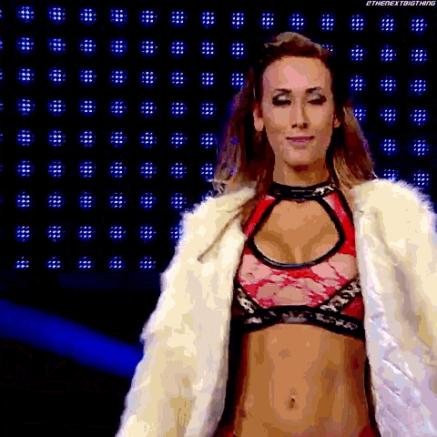 a woman wearing a fur coat and a bra is walking on a stage .