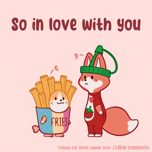 a cartoon of a fox standing next to a bucket of fries