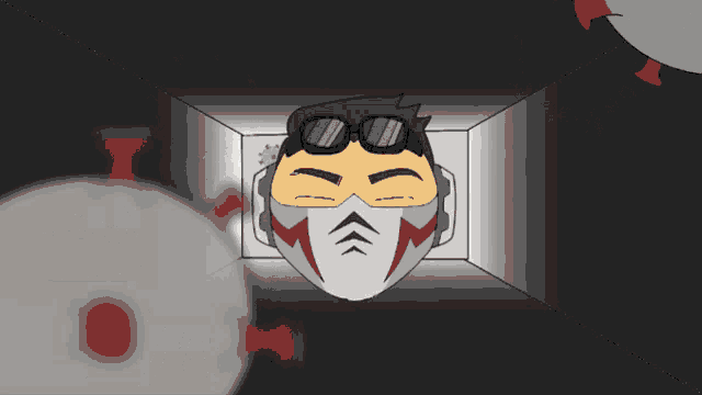 a cartoon of a man wearing goggles and a mask with a wink on his face