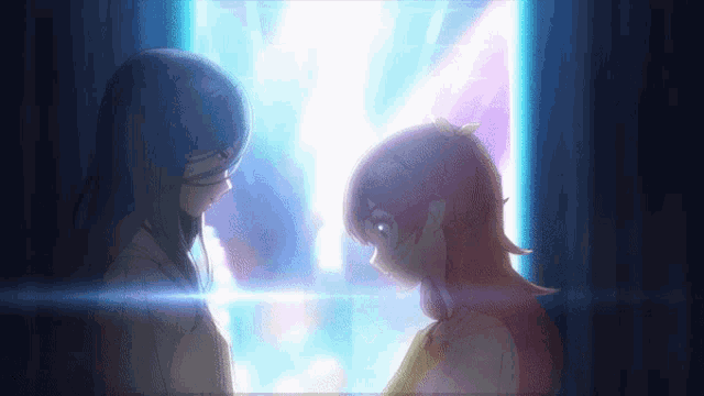 two anime girls are standing next to each other