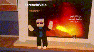 a video game character is standing in front of a fireplace with the name terencio veio on the top