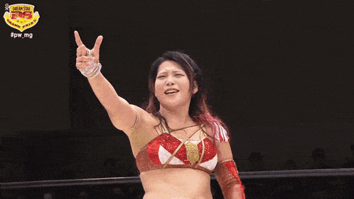 a woman in a wrestling ring with a dream star logo