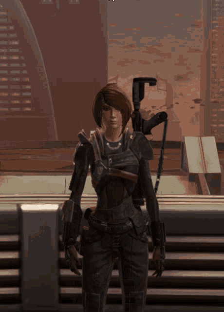 a woman in a video game is holding a gun on her back
