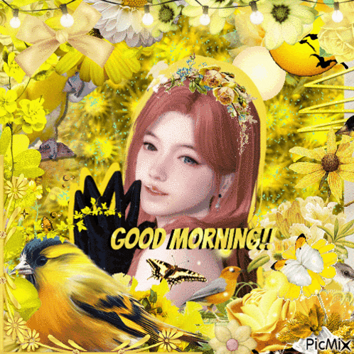 a picture of a woman surrounded by yellow flowers and birds with the words good morning
